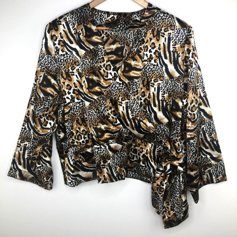 Vintage Silky Animal Print Wrap Style Blouse